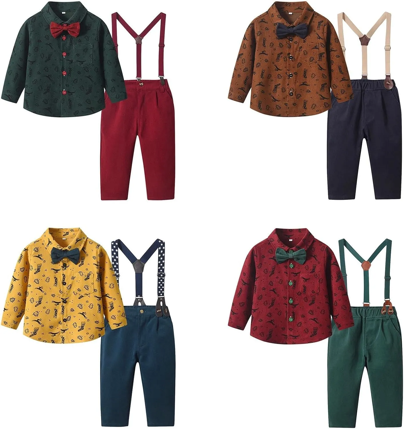 Boys Christmas Dress Suit Toddler Baby Gentleman Clothes Sets Bowtie Shirts Tops Suspenders Pants Sets Kids