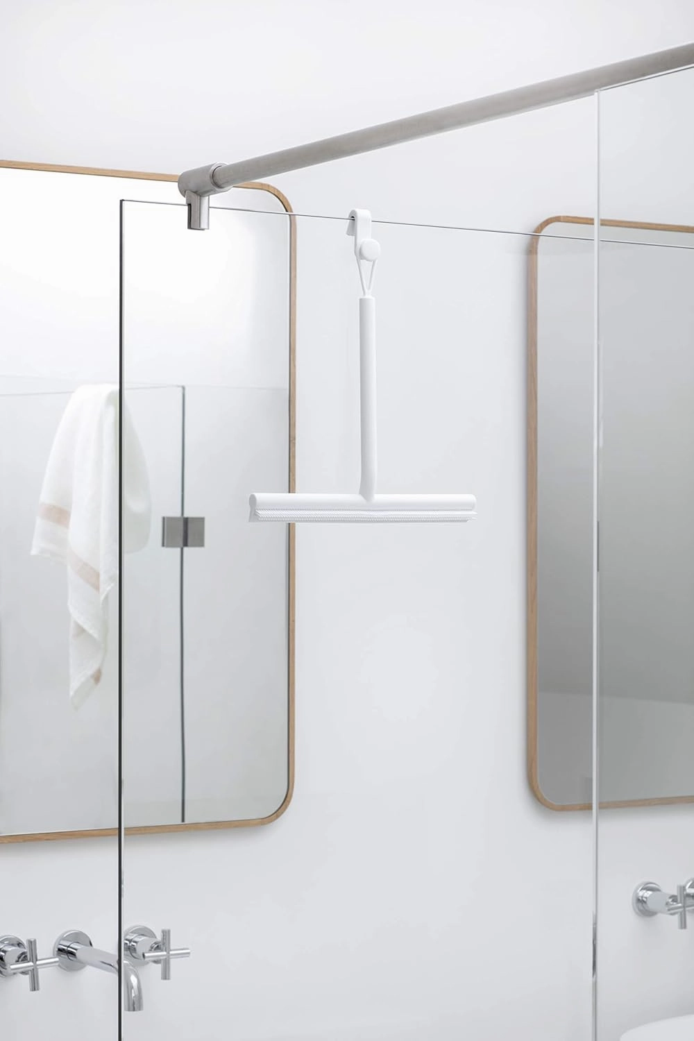 Brabantia Silicone Shower Squeegee with Hook (White) Anti Streak Cleaning Wiper for Bathroom Glass, Plastic, Tile - Doublesided Brush & Rim Design