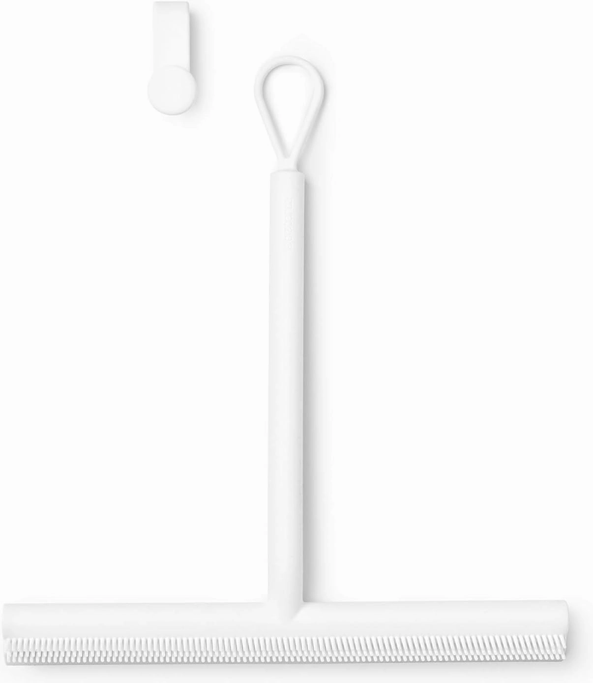 Brabantia Silicone Shower Squeegee with Hook (White) Anti Streak Cleaning Wiper for Bathroom Glass, Plastic, Tile - Doublesided Brush & Rim Design