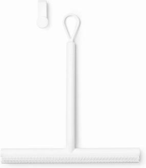 Brabantia Silicone Shower Squeegee with Hook (White) Anti Streak Cleaning Wiper for Bathroom Glass, Plastic, Tile - Doublesided Brush & Rim Design