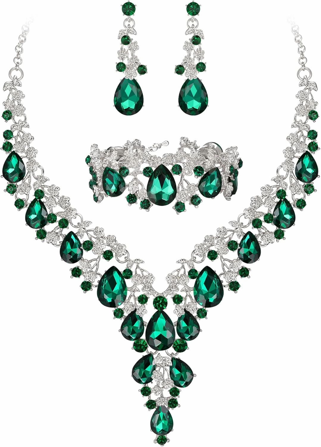 BriLove Women's Wedding Bridal Austrian Crystal Teardrop Flower Cluster Statement Necklace Dangle Earrings Jewelry Set for Party Prom