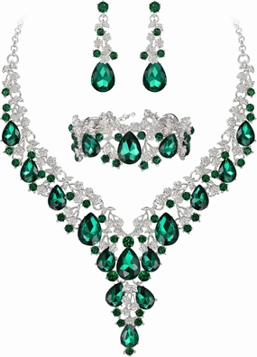 BriLove Women's Wedding Bridal Austrian Crystal Teardrop Flower Cluster Statement Necklace Dangle Earrings Jewelry Set for Party Prom