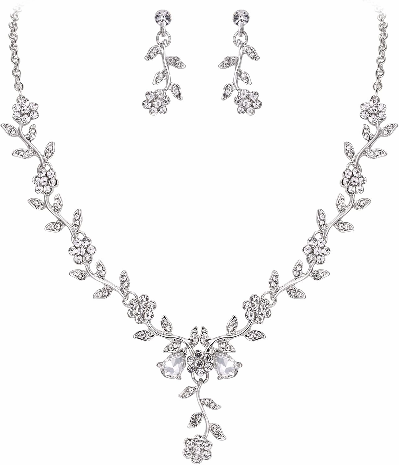 BriLove Women's Wedding Jewelry Leaf Cluster Flower Crystal Dangle Earrings Pendant Necklace Set for Bridal