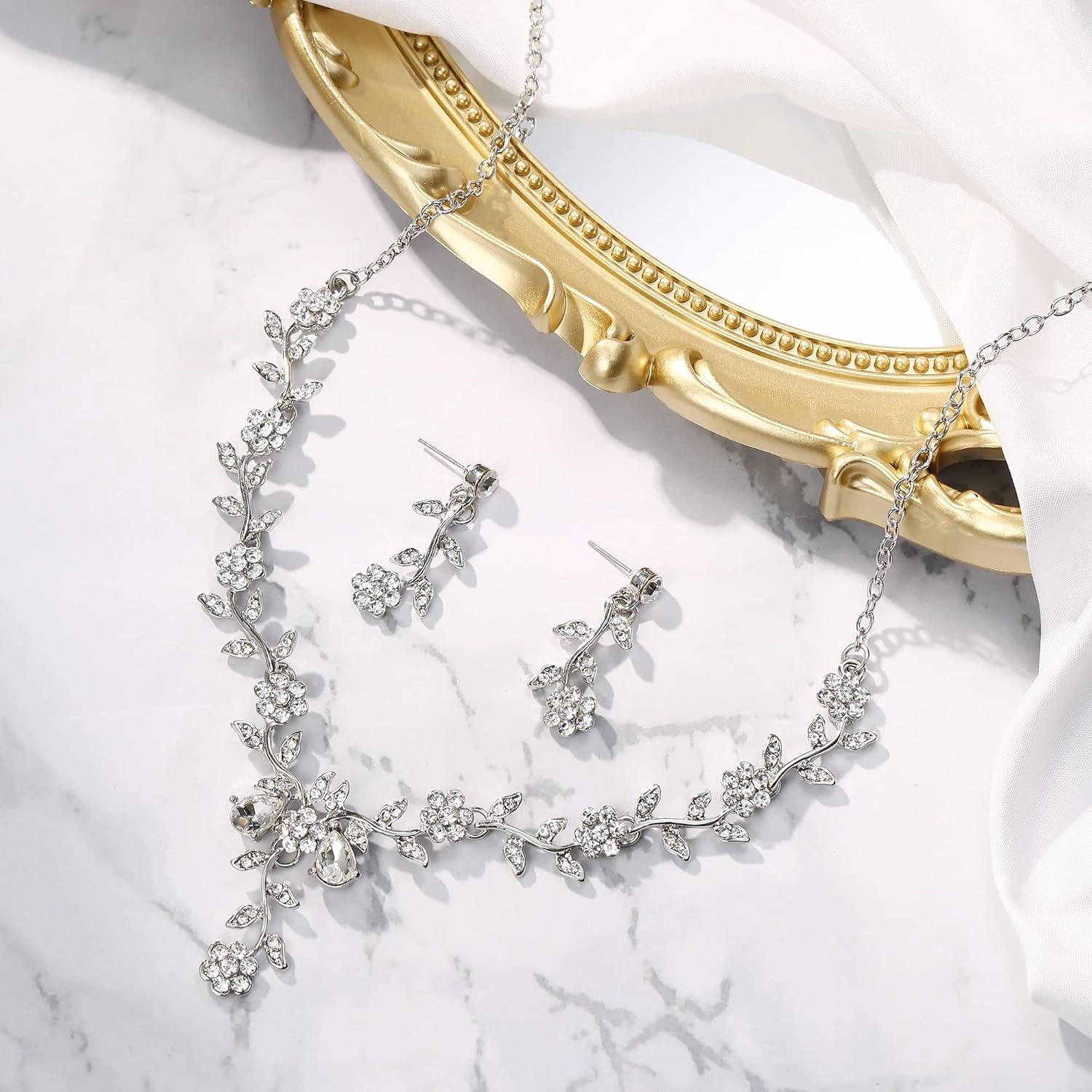 BriLove Women's Wedding Jewelry Leaf Cluster Flower Crystal Dangle Earrings Pendant Necklace Set for Bridal