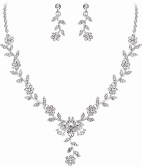 BriLove Women's Wedding Jewelry Leaf Cluster Flower Crystal Dangle Earrings Pendant Necklace Set for Bridal