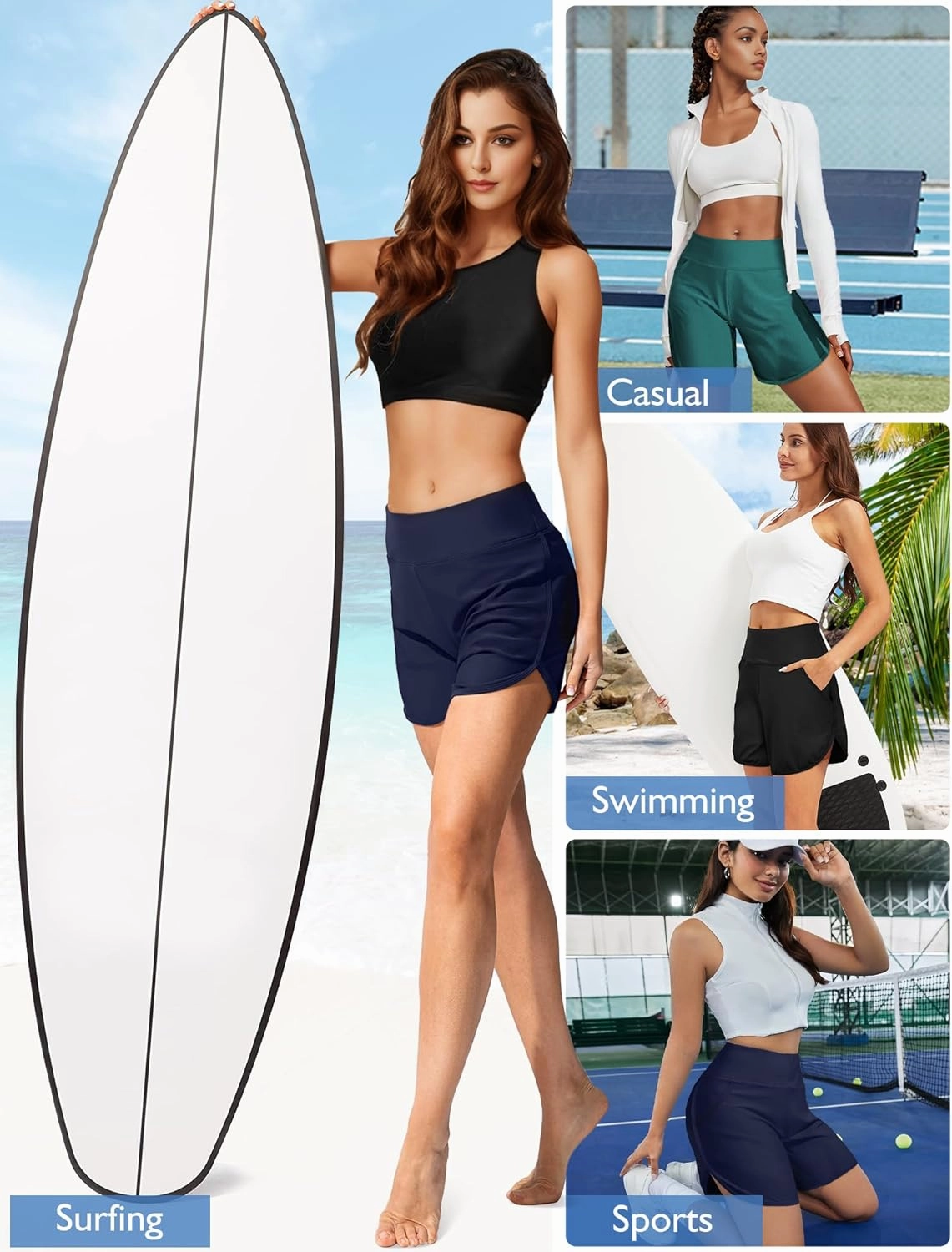 Buauty Women's 5" Swim Board Shorts Quick Dry High Waisted Swimsuits with Liner Pockets UPF 50  Bathing Suits Bottoms Trunks