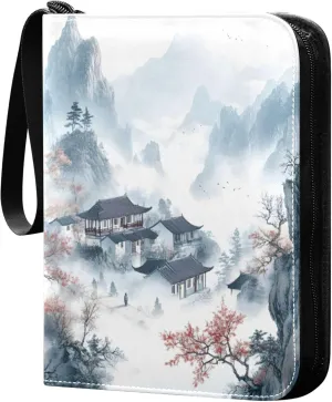 Burbuja Chinese Landscape Painting Card Binder, 4 Pockets Trading Card Binder, Portable Card Albums Fits 400 Cards with 50 Removable Sleeves for Sport Cards Game Cards
