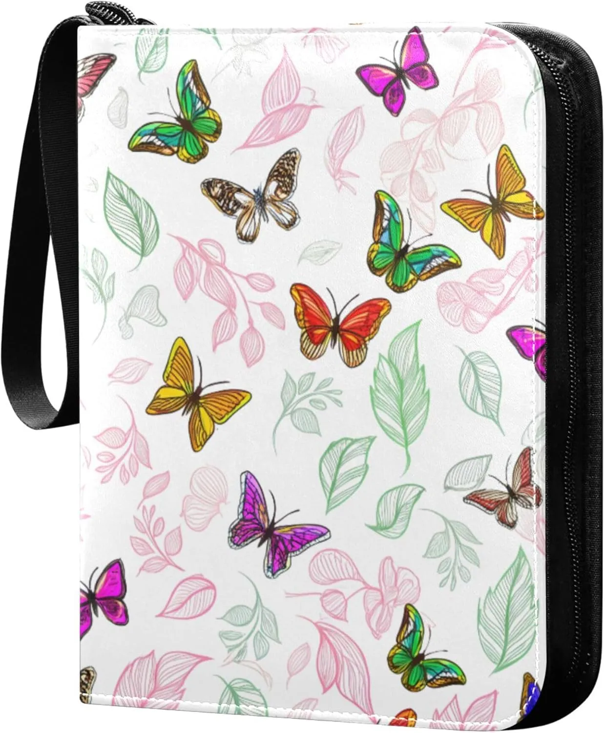 Burbuja Colorful Butterflies Leaves Card Binder, 4 Pockets Trading Card Binder, Portable Card Albums Fits 400 Cards with 50 Removable Sleeves for Sport Cards Game Cards