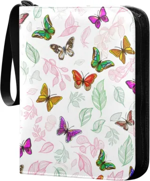 Burbuja Colorful Butterflies Leaves Card Binder, 4 Pockets Trading Card Binder, Portable Card Albums Fits 400 Cards with 50 Removable Sleeves for Sport Cards Game Cards