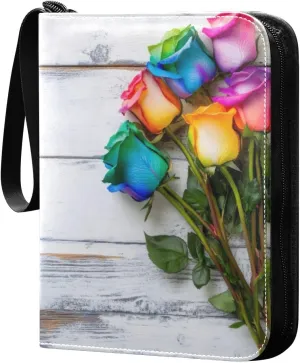 Burbuja Valentine Colorful Rose on Wood Card Binder, 4 Pockets Trading Card Binder, Portable Card Albums Fits 400 Cards with 50 Removable Sleeves for Sport Cards Game Cards