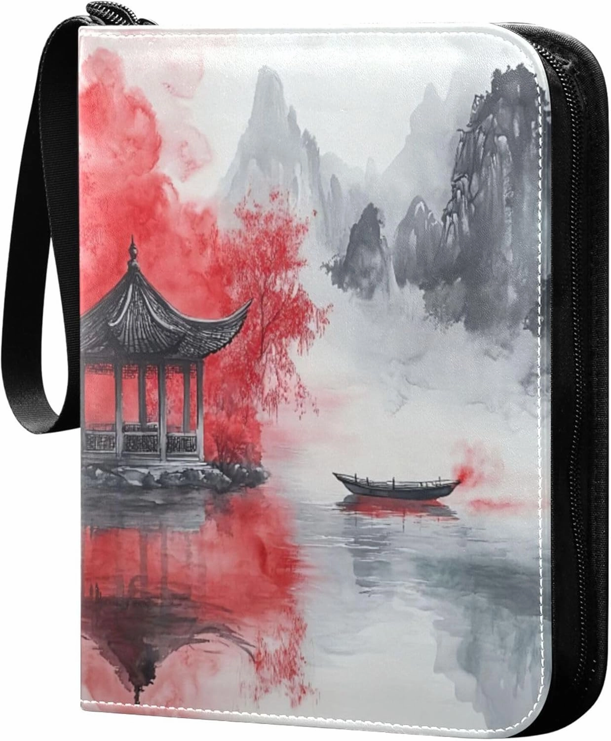 Burbuja Chinese Ink Painting Card Binder, 4 Pockets Trading Card Binder, Portable Card Albums Fits 400 Cards with 50 Removable Sleeves for Sport Cards Game Cards
