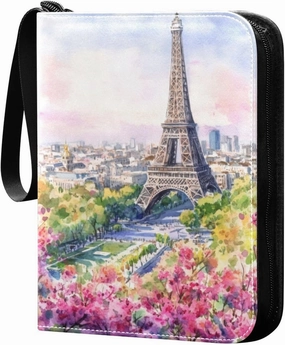 Burbuja Paris Tower Flowers Painting Card Binder, 4 Pockets Trading Card Binder, Portable Card Albums Fits 400 Cards with 50 Removable Sleeves for Sport Cards Game Cards