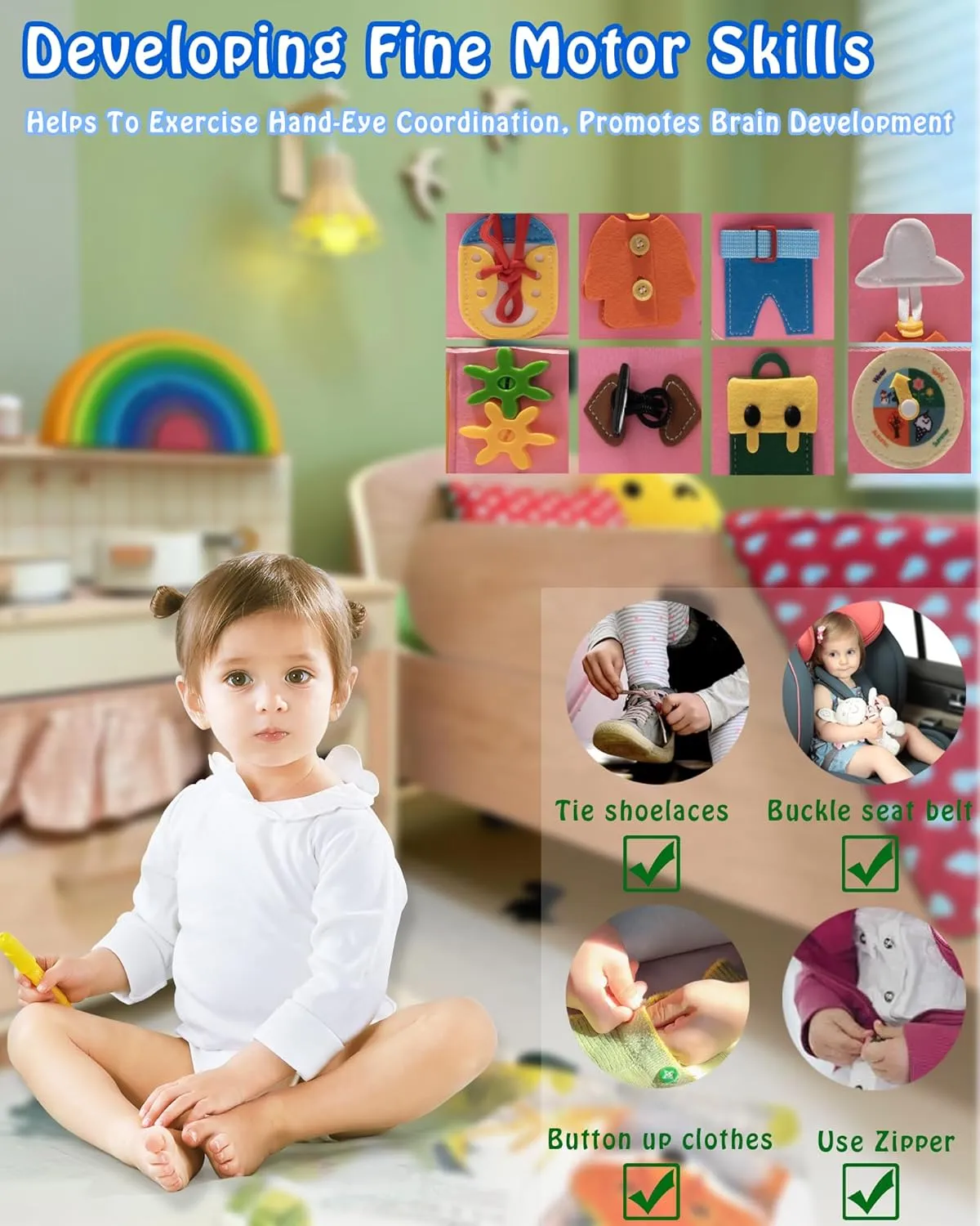 Busy Board Montessori Toys for 1 2 3 4 Year Old Girl Busy Book for Toddlers Preschool Learning Book for Fine Motor Skills, Sensory Toys for Autism Kids, Birthday Valentines Gifts for Girl 1-3 -Pink