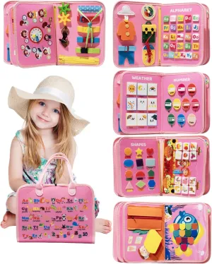Busy Board Montessori Toys for 1 2 3 4 Year Old Girl Busy Book for Toddlers Preschool Learning Book for Fine Motor Skills, Sensory Toys for Autism Kids, Birthday Valentines Gifts for Girl 1-3 -Pink