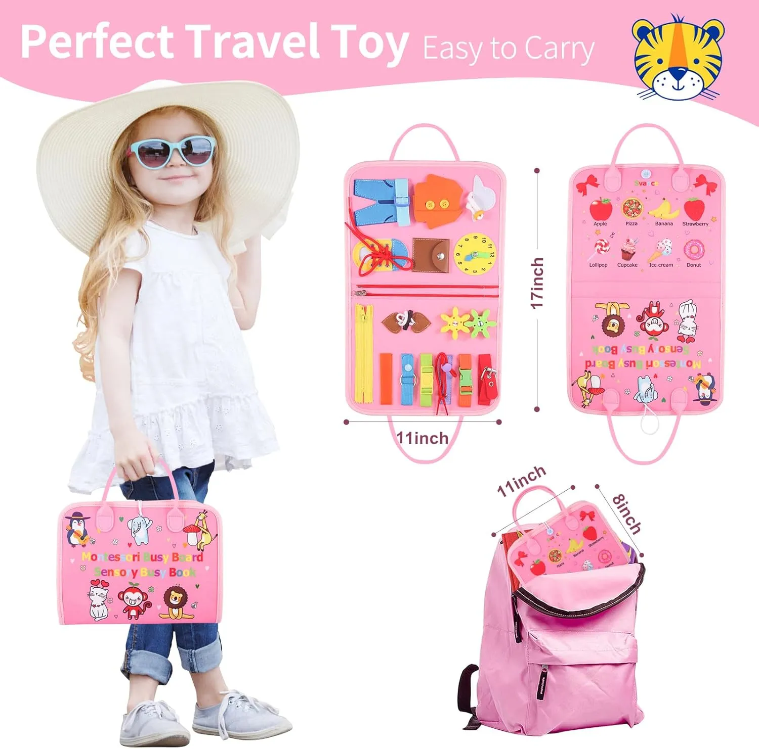 Busy Board Montessori Toys for 1 2 3 4 Year Old Toddlers Sensory Activity Busy Book for Fine Motor Skills, Airplane Car Travel Essentials for Girls