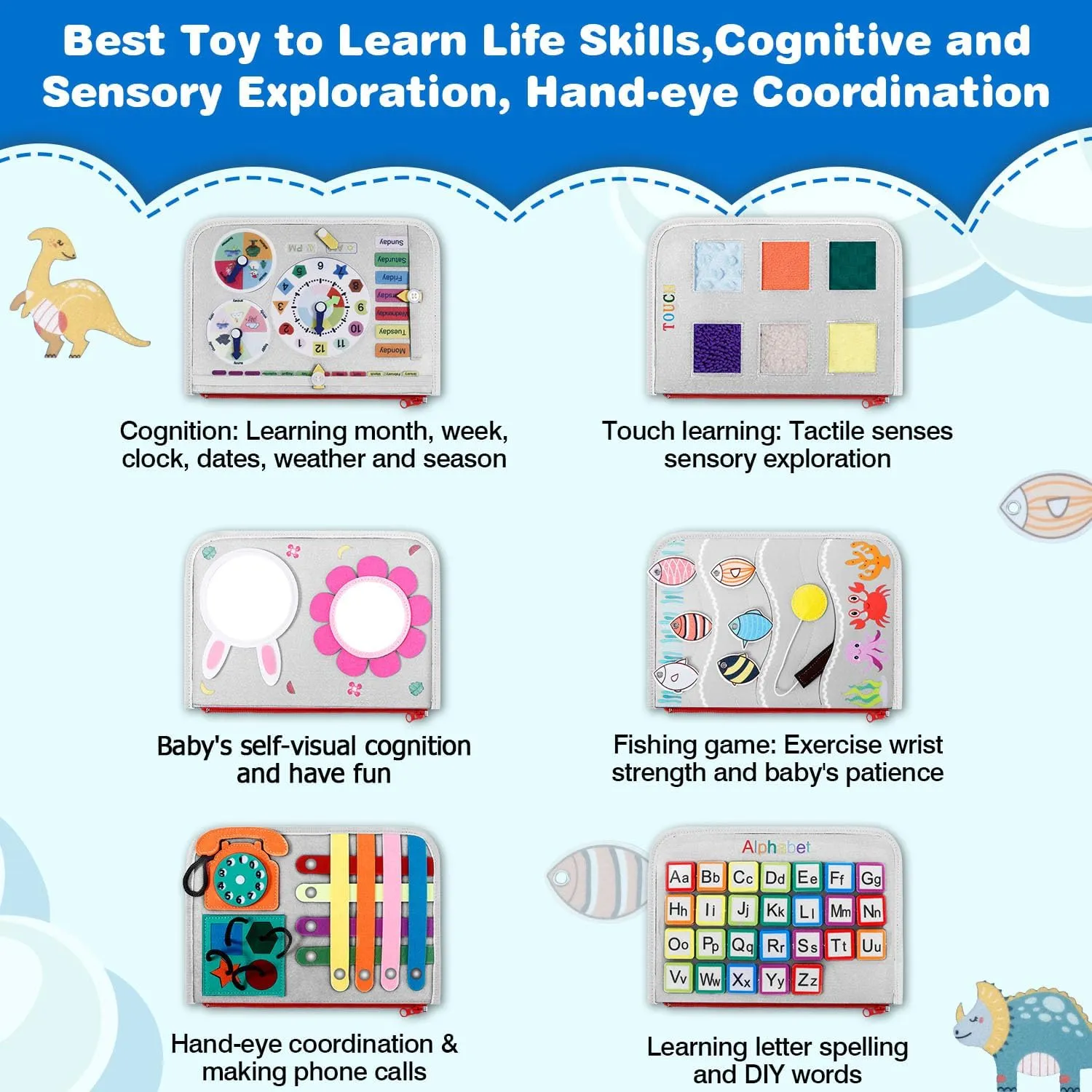 Busy Board Montessori Toys for Aged 1 2 3 4 Boy & Girl Birthday Gifts, Autism Sensory Travel Toys for Toddlers, Educational Activity Sensory Board Preschool Learning Fine Motor Skills Toys, Gray