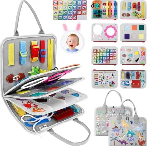 Busy Board Montessori Toys for Aged 1 2 3 4 Boy & Girl Birthday Gifts, Autism Sensory Travel Toys for Toddlers, Educational Activity Sensory Board Preschool Learning Fine Motor Skills Toys, Gray