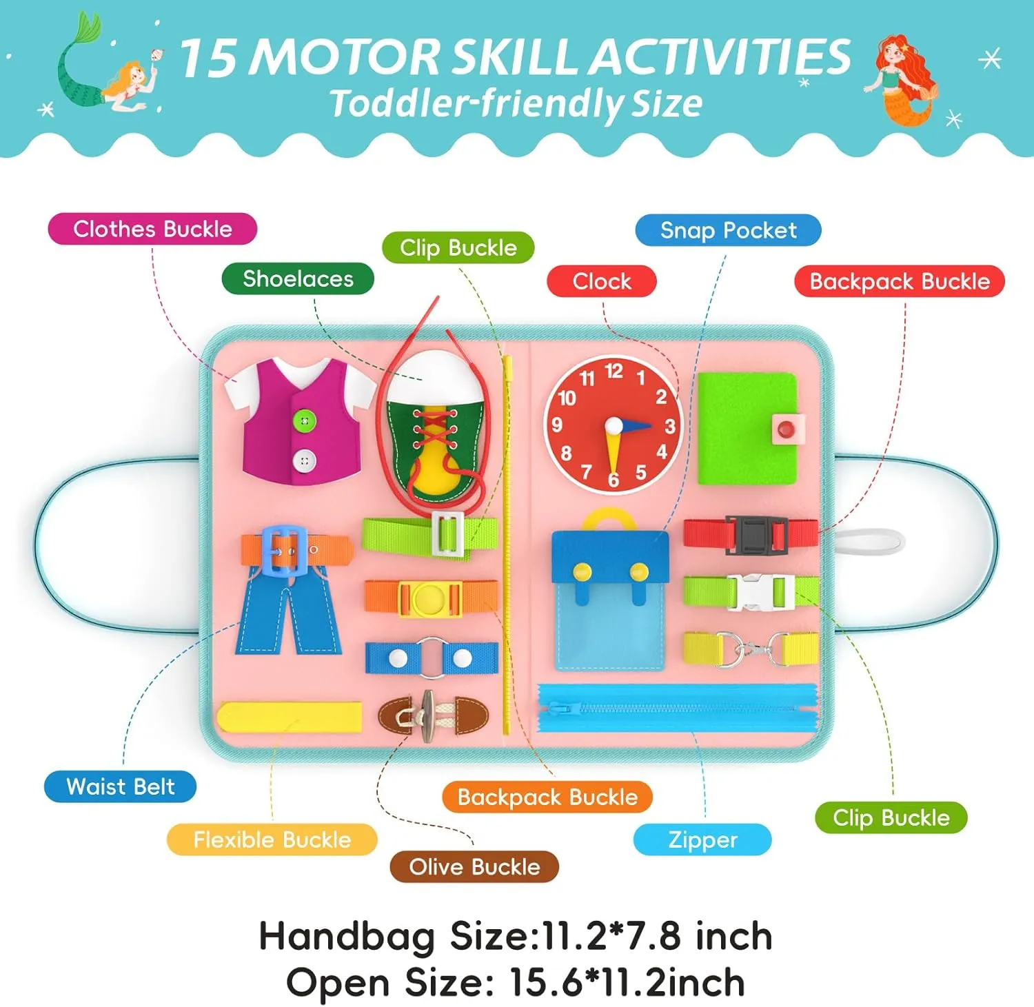 Busy Board Sensory Toys for Toddlers 3 4, Toddler Travel Activities Educational Toys, Montessori Toys for 3 4 Year Old Girls Gift, Mermaid