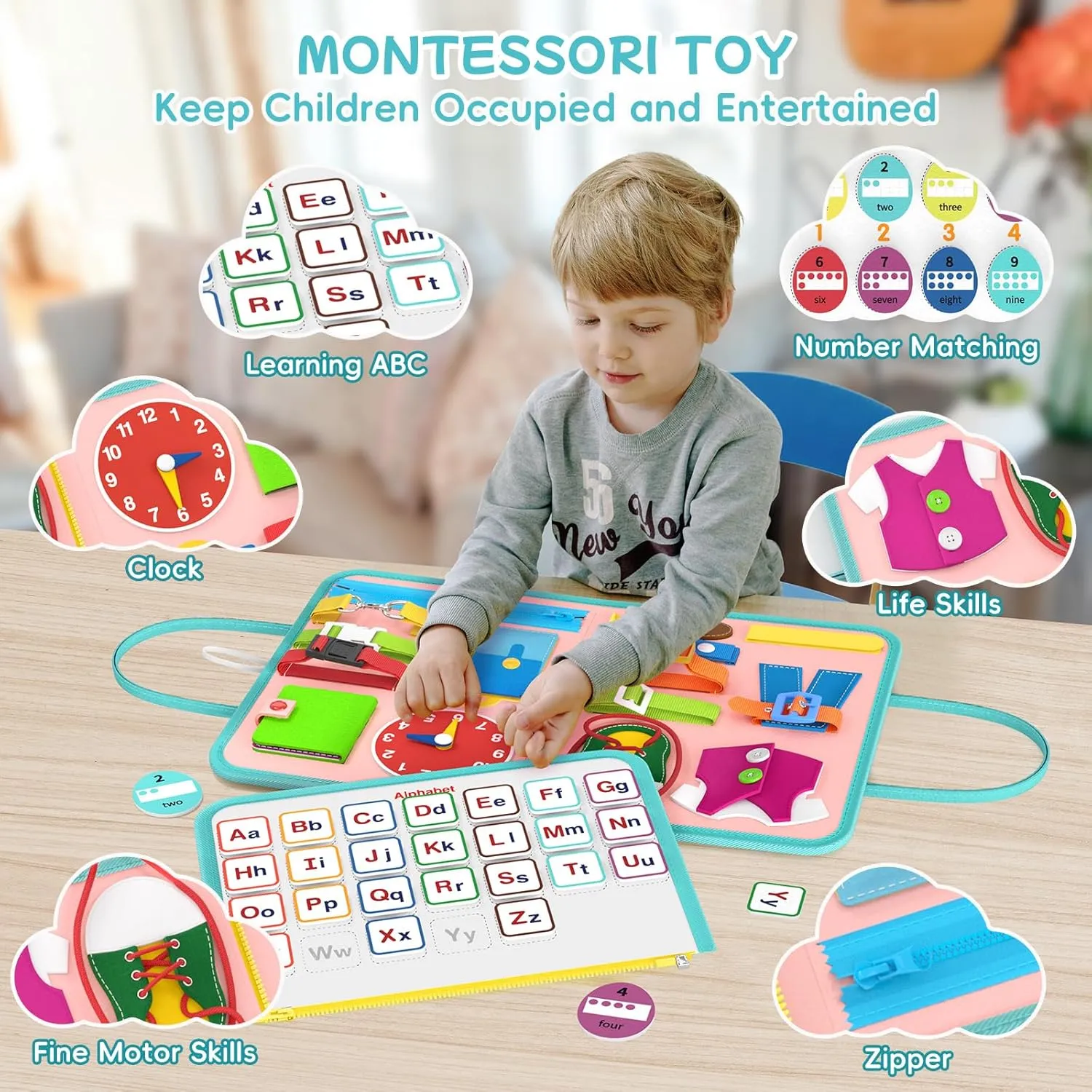 Busy Board Sensory Toys for Toddlers 3 4, Toddler Travel Activities Educational Toys, Montessori Toys for 3 4 Year Old Girls Gift, Mermaid