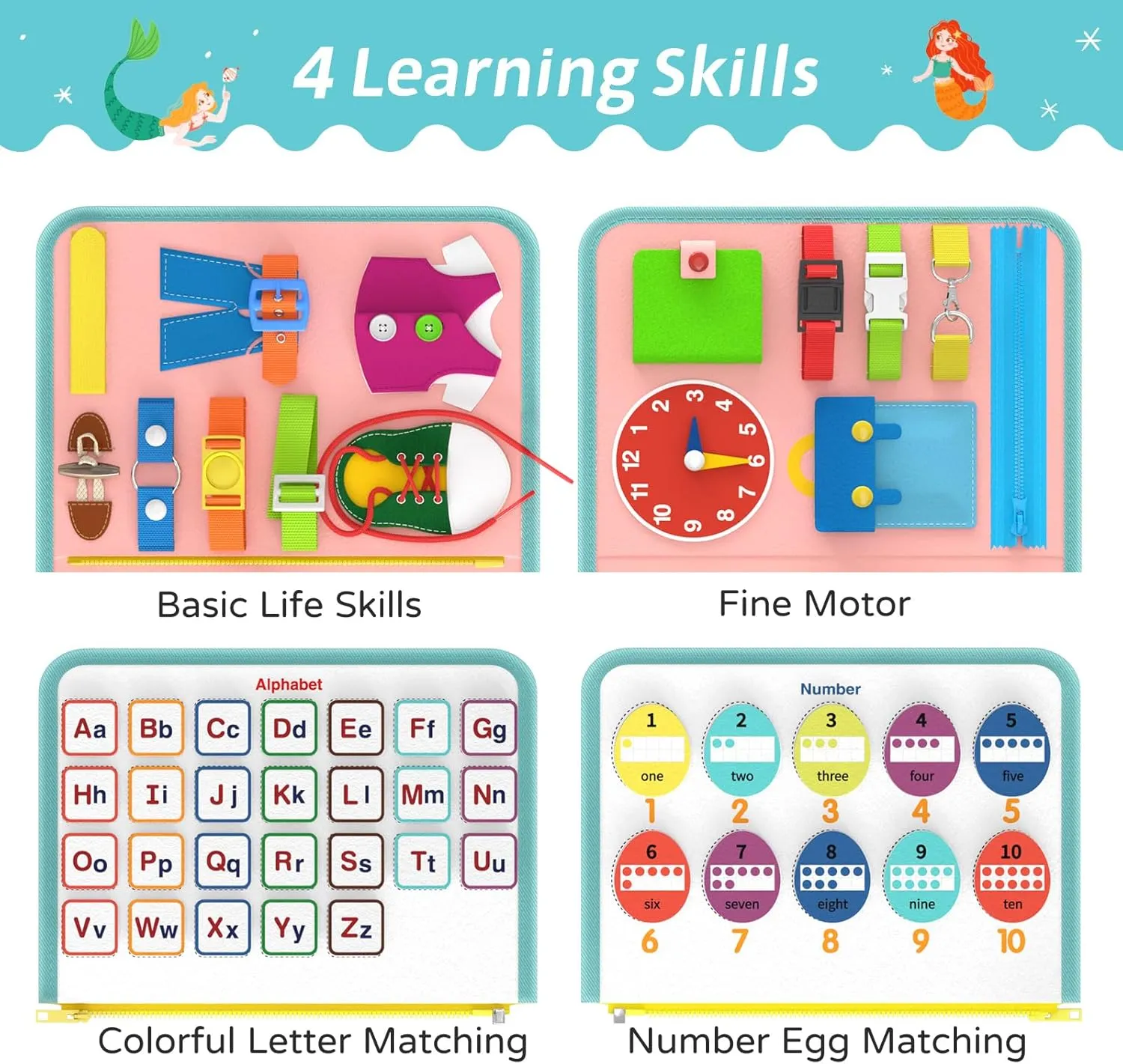 Busy Board Sensory Toys for Toddlers 3 4, Toddler Travel Activities Educational Toys, Montessori Toys for 3 4 Year Old Girls Gift, Mermaid