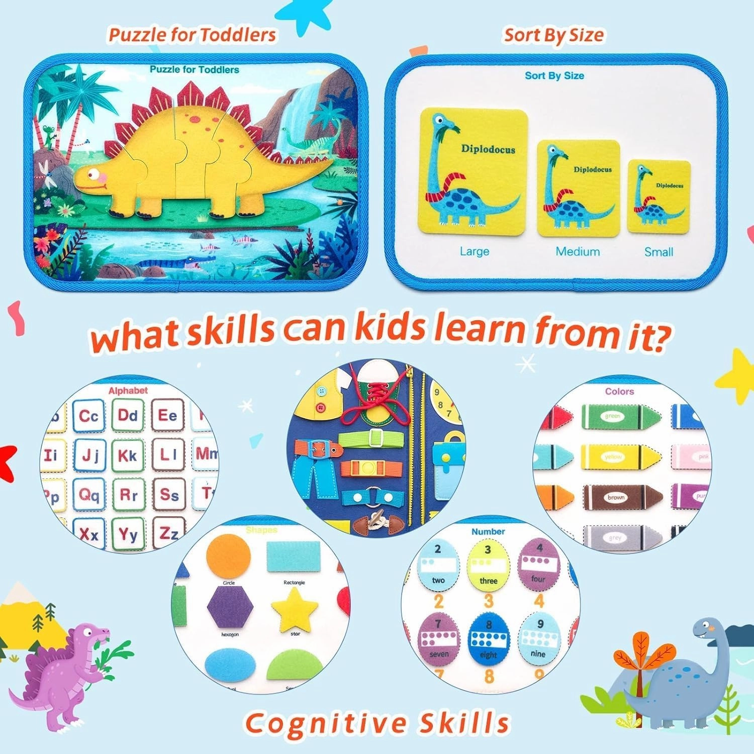 Busy Board Sensory Toys for Toddlers 1 2 3 4, Toddler Travel Activities Educational Toys, Montessori Toys for 2 3 4 Year Old Girls Gift, Deluxe Dinosaur