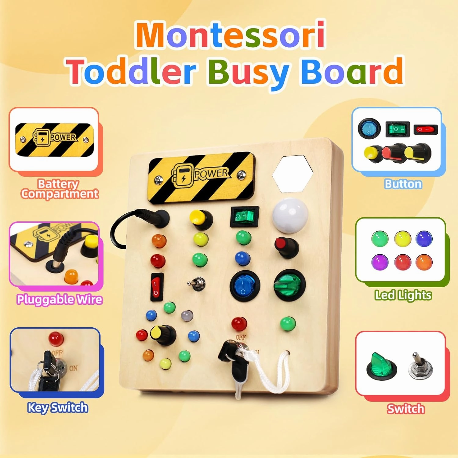 Busy Board with Led Light, Wooden Montessori Stem Toys for 1 2 3 Year Old, Educational Preschool Learning Travel Activities Sensory Toys for Toddlers 1-3, Birthday Gifts for Kids Boys Girls
