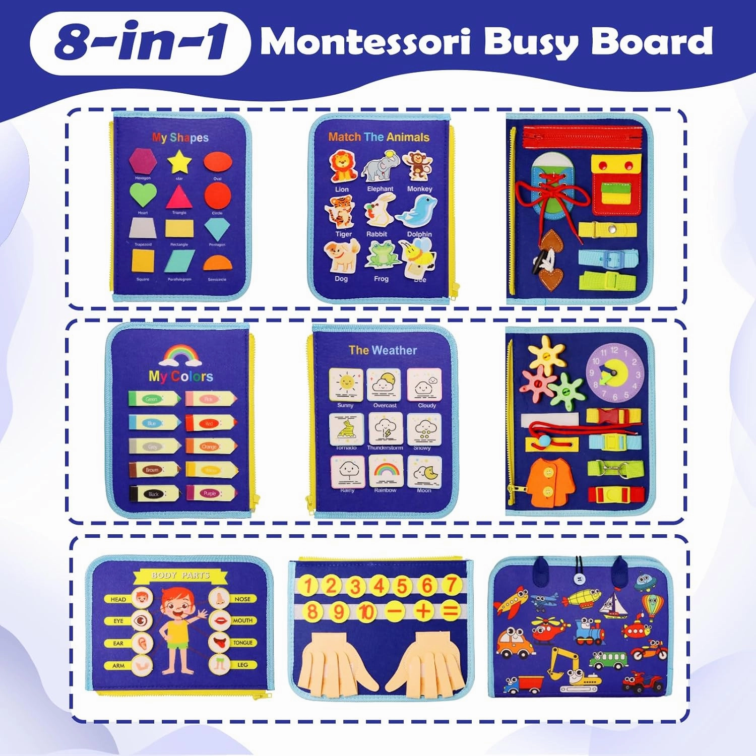Busy Book for Toddlers 1-3, Montessori Toys Busy Board for 1 2 3 4 Year Old Boy Girl Birthday Gift - 5 in 1 Quiet Activity Book with Life Skills, Cognition, Sorting, Matching, Blue