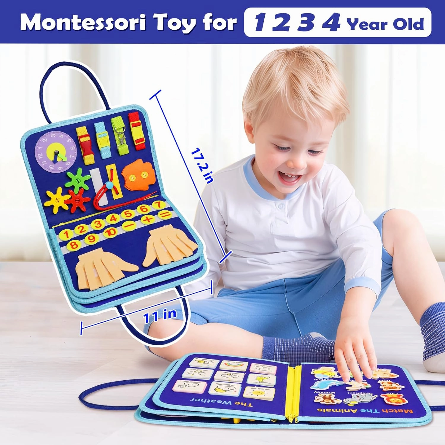 Busy Book for Toddlers 1-3, Montessori Toys Busy Board for 1 2 3 4 Year Old Boy Girl Birthday Gift - 5 in 1 Quiet Activity Book with Life Skills, Cognition, Sorting, Matching, Blue
