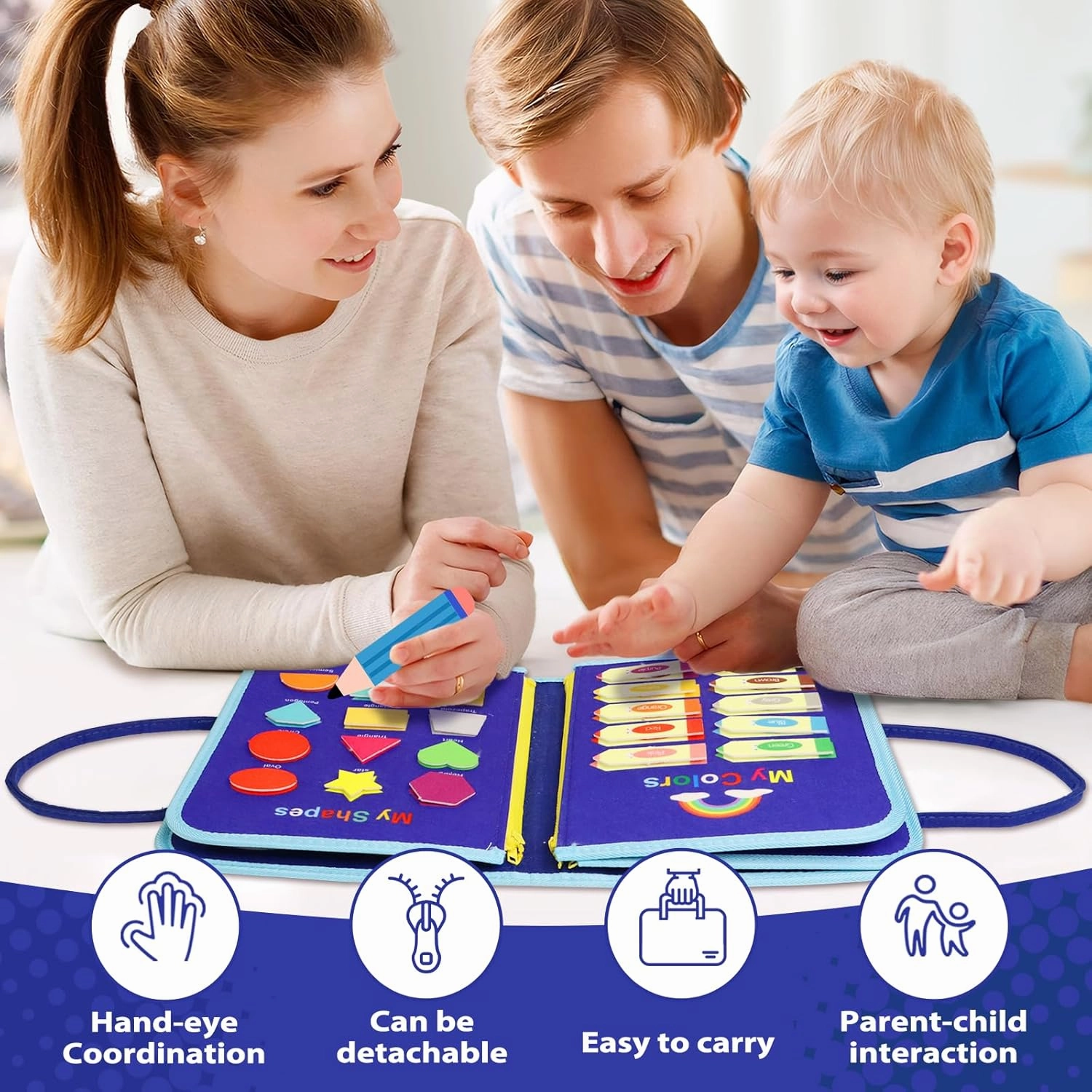 Busy Book for Toddlers 1-3, Montessori Toys Busy Board for 1 2 3 4 Year Old Boy Girl Birthday Gift - 5 in 1 Quiet Activity Book with Life Skills, Cognition, Sorting, Matching, Blue