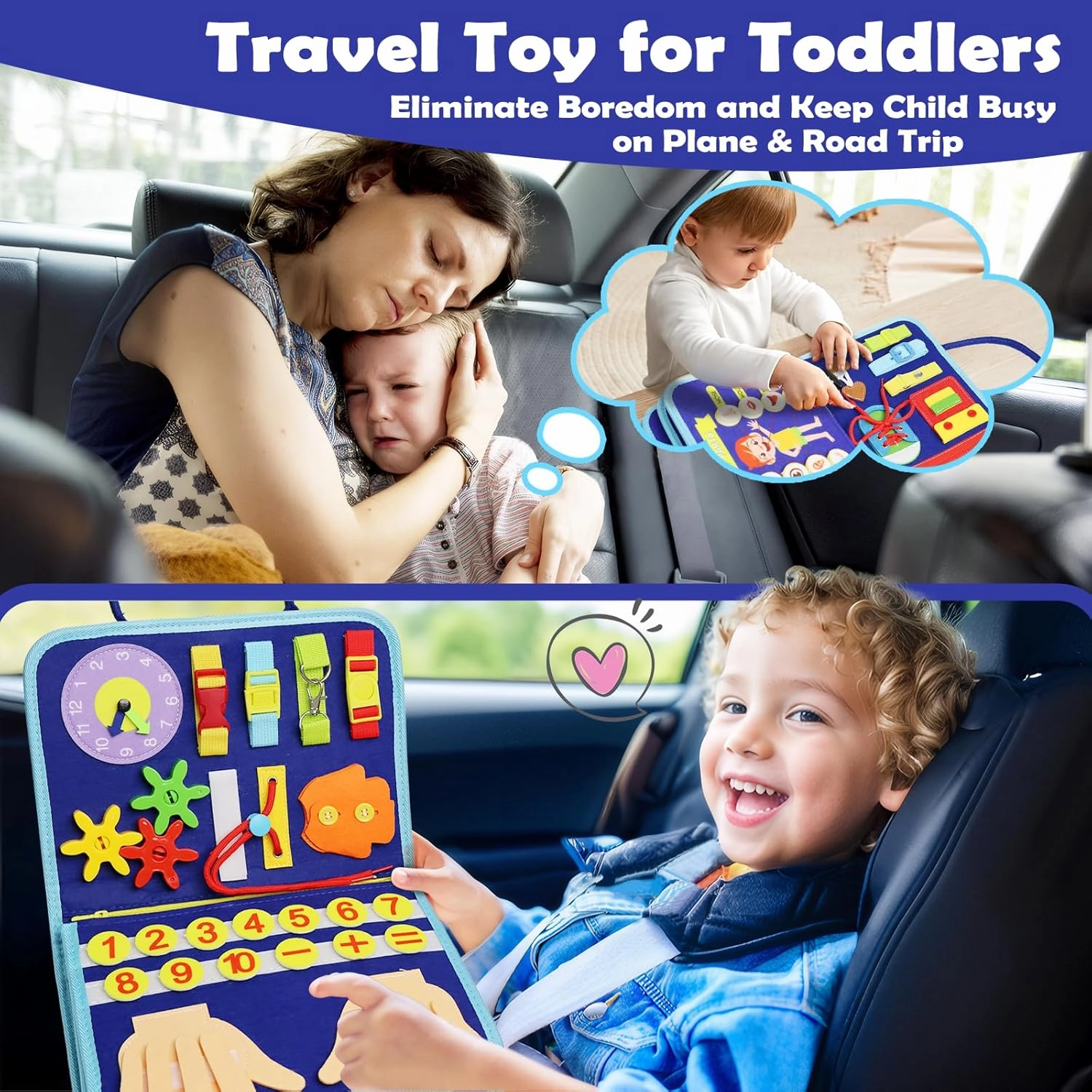 Busy Book for Toddlers 1-3, Montessori Toys Busy Board for 1 2 3 4 Year Old Boy Girl Birthday Gift - 5 in 1 Quiet Activity Book with Life Skills, Cognition, Sorting, Matching, Blue