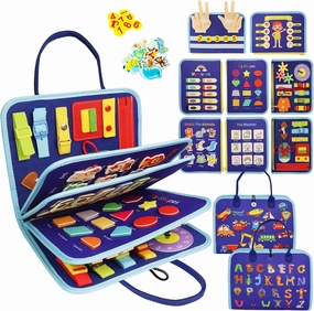 Busy Book for Toddlers 1-3, Montessori Toys Busy Board for 1 2 3 4 Year Old Boy Girl Birthday Gift - 5 in 1 Quiet Activity Book with Life Skills, Cognition, Sorting, Matching, Blue
