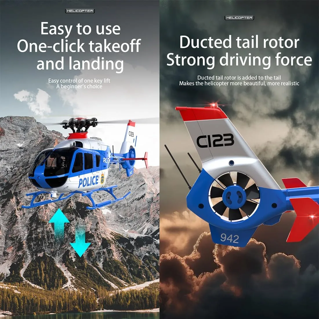C123 RC Helicopter, 1:36 6CH EC135 Remote Control Helicopter for Adults, 2.4GHz RC Aircraft with 6-Axis Gyro, Inverted Flight, Altitude Hold, One Key Take Off/Landing (Blue(2 Batteries)