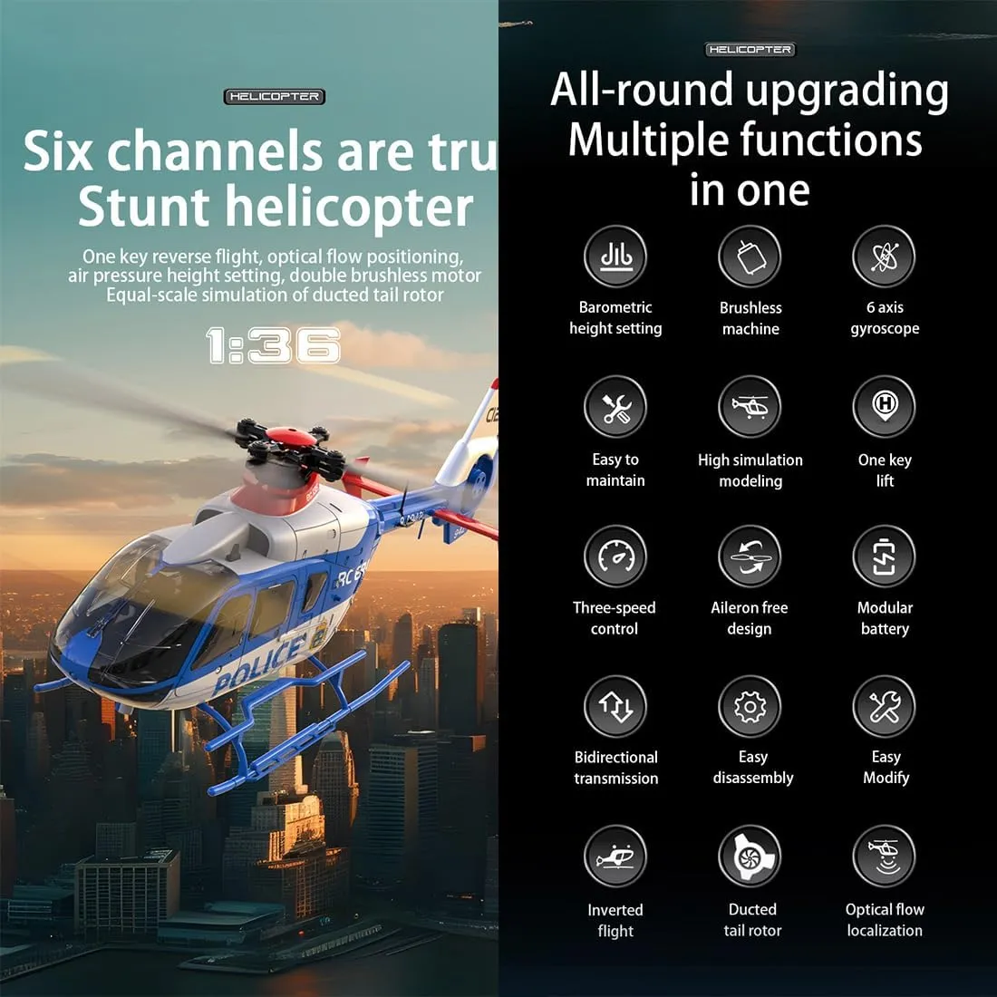 C123 RC Helicopter, 1:36 6CH EC135 Remote Control Helicopter for Adults, 2.4GHz RC Aircraft with 6-Axis Gyro, Inverted Flight, Altitude Hold, One Key Take Off/Landing (Blue(2 Batteries)