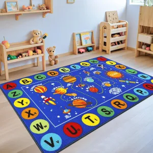 Capslpad Outer Space Kids Play Rug 5'2"x3'3" Solar System Kids Rug ABC Alphabet Children's Fun Educational Learning Carpet Non Slip Play Mat for Bedroom Playroom