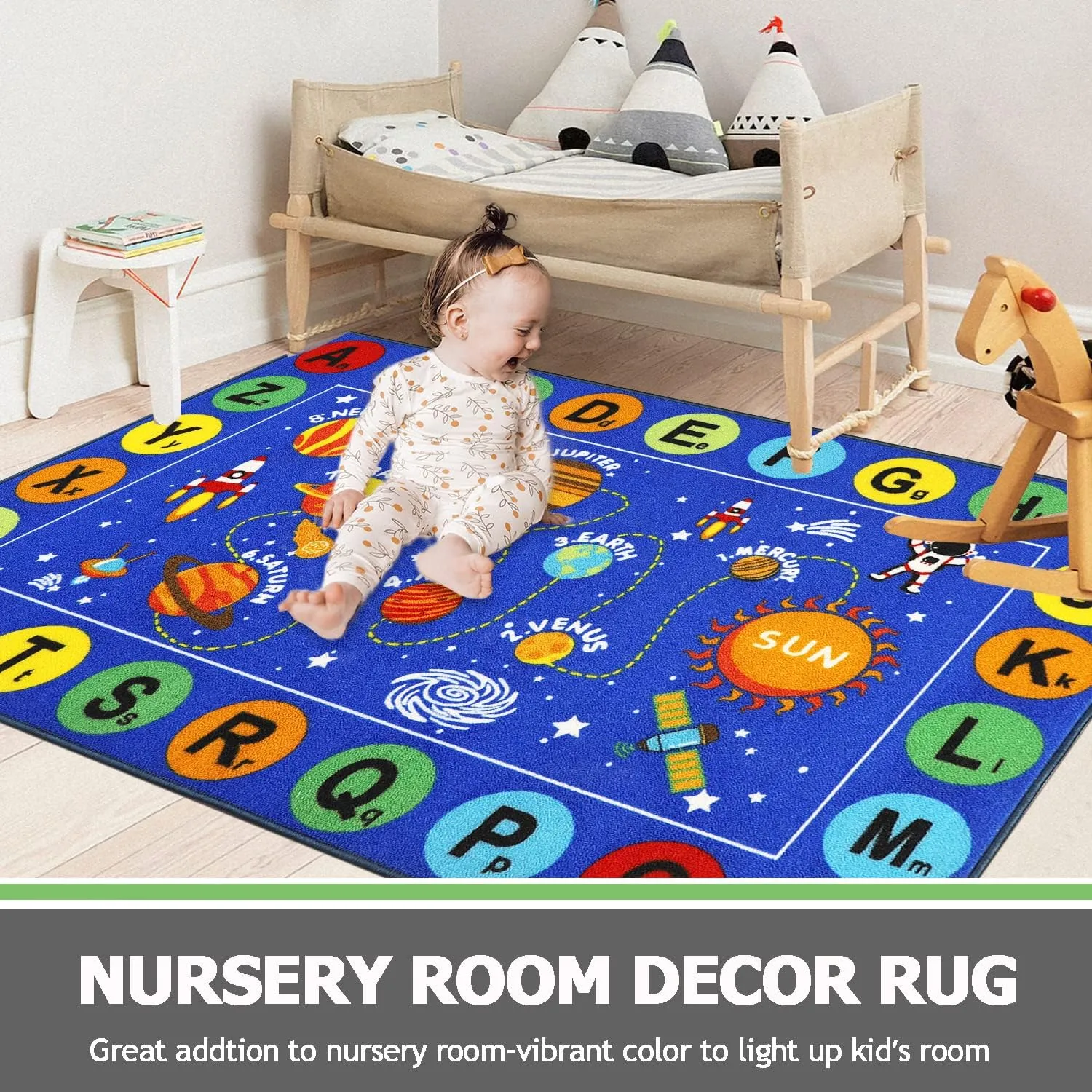 Capslpad Outer Space Kids Play Rug 5'2"x3'3" Solar System Kids Rug ABC Alphabet Children's Fun Educational Learning Carpet Non Slip Play Mat for Bedroom Playroom