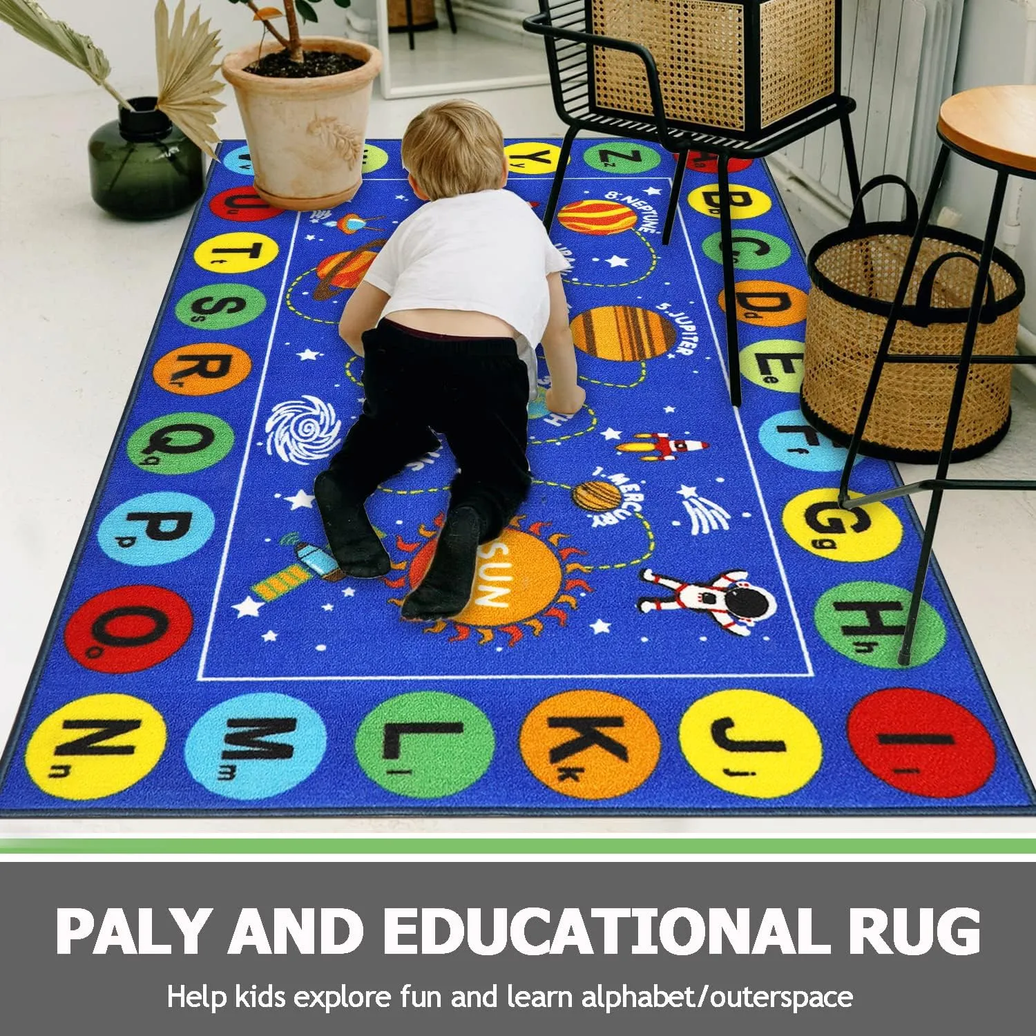 Capslpad Outer Space Kids Play Rug 5'2"x3'3" Solar System Kids Rug ABC Alphabet Children's Fun Educational Learning Carpet Non Slip Play Mat for Bedroom Playroom