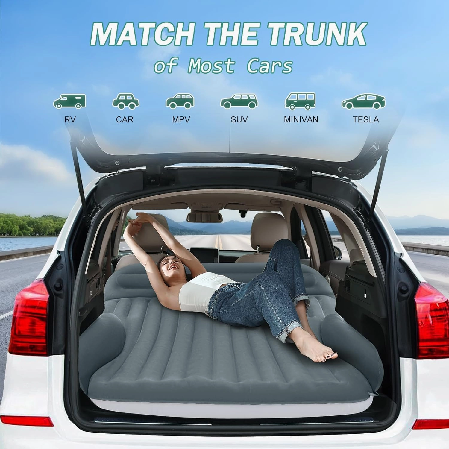 Car Air Mattress for Jeep Cherokee 2019-2024, Flocking & PVC Camping Air Mattresses with Comfortable Long Fleece Car Bed Accessories for Home & Travel,B