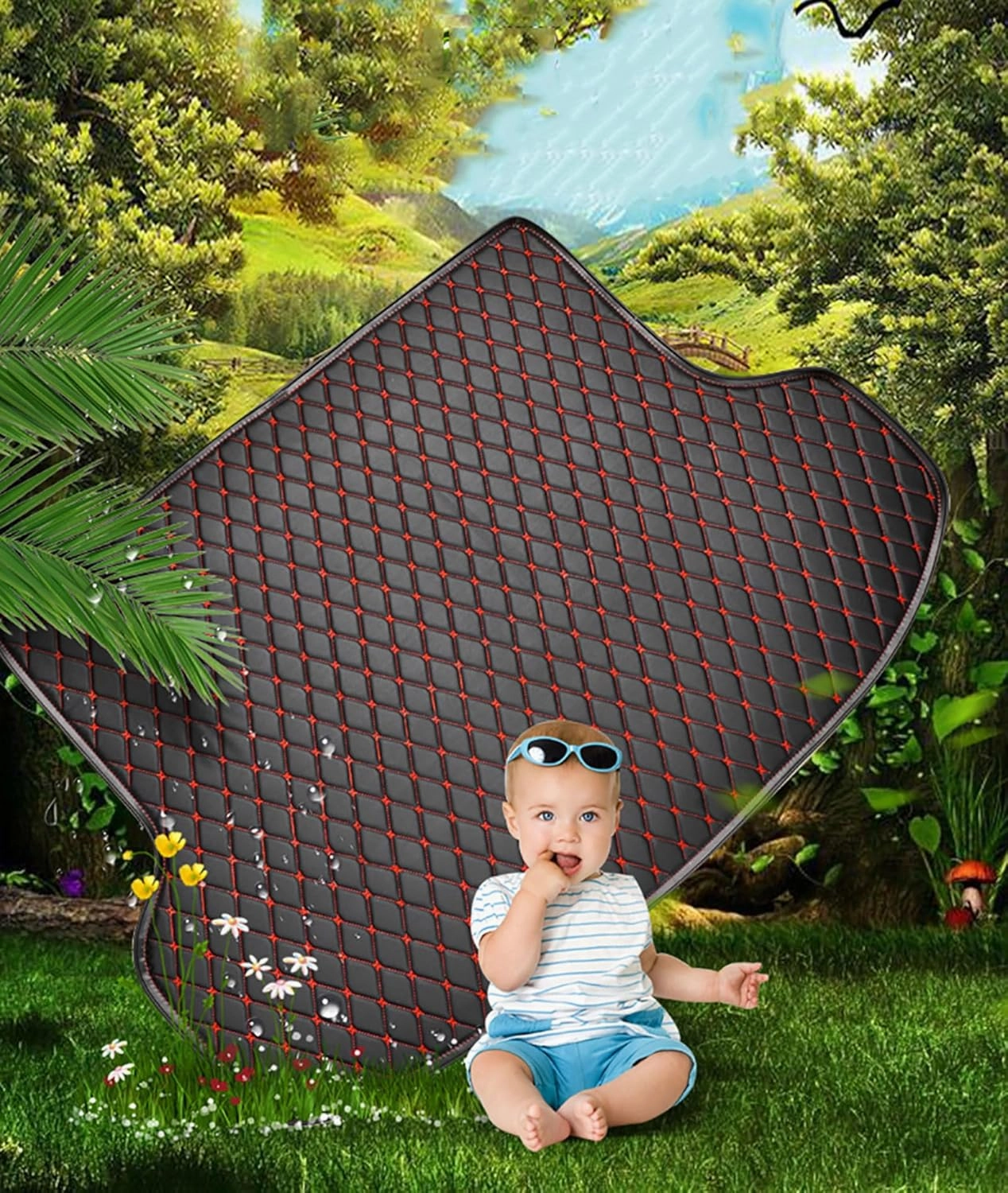 Car Boot Mats for Genesis GV70 EV Pure Electric 2023 2024, Custom Protector Pad Cargo Tray Liners Trunk Carpets All Weather Interior Accessories,Black Red