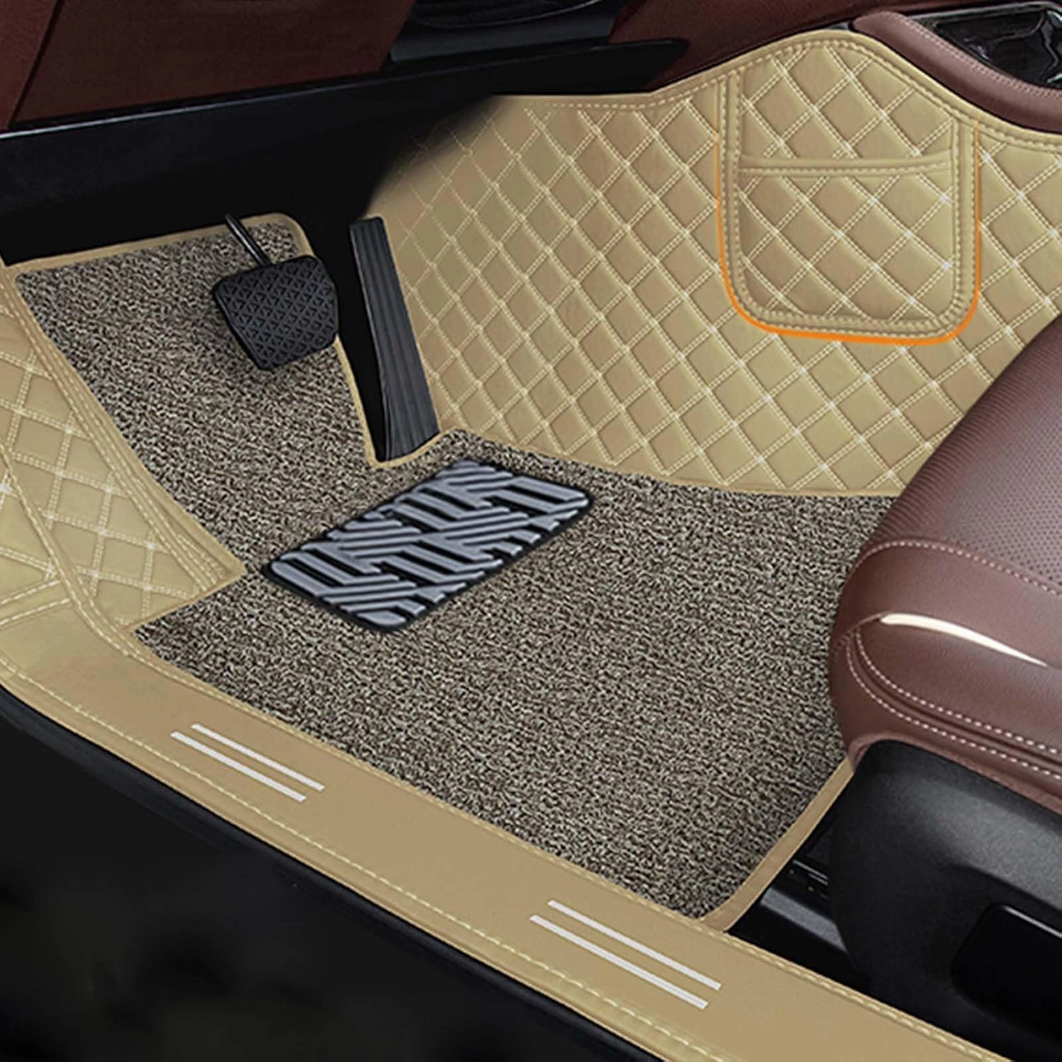 Car Floor Mats for Chevrolet Spark M300 2009 2010 2011 2012 2013 2014 2015, Double Layer Car Carpets All-Weather Non-Slip Full Set Protection Floor Liner,Beige Brown Loop