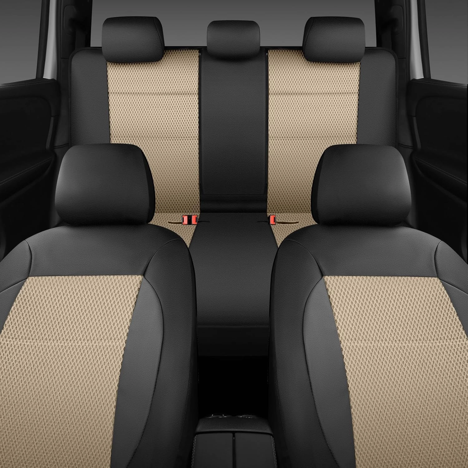 CAR PASS Leather Seat Covers Breathable Air Mesh Car Seat Cover Full Set Super 5mm Sponge Inside, Airbag Compatible, Universal Automotive Interior Cover Fit for Car SUV Truck Van Black Beige