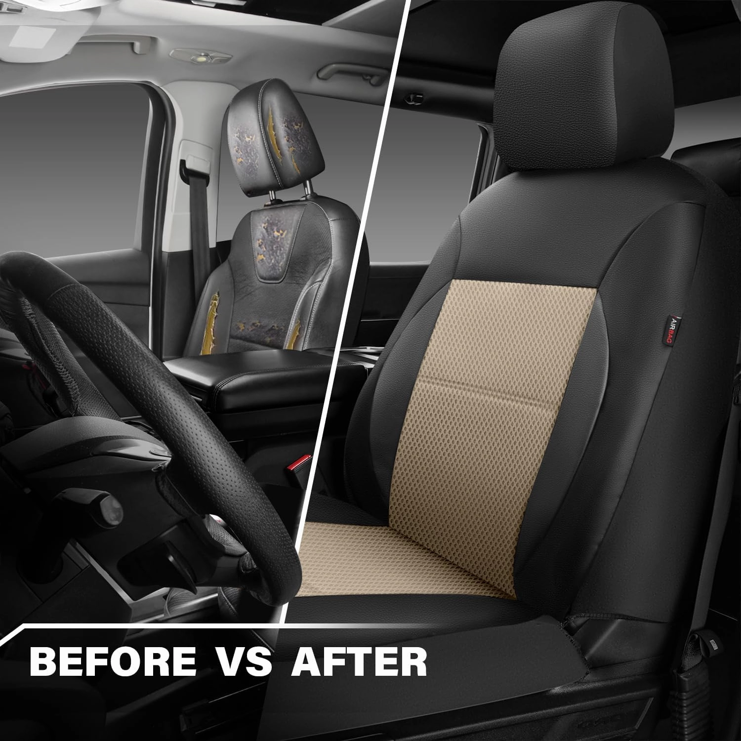 CAR PASS Leather Seat Covers Breathable Air Mesh Car Seat Cover Full Set Super 5mm Sponge Inside, Airbag Compatible, Universal Automotive Interior Cover Fit for Car SUV Truck Van Black Beige
