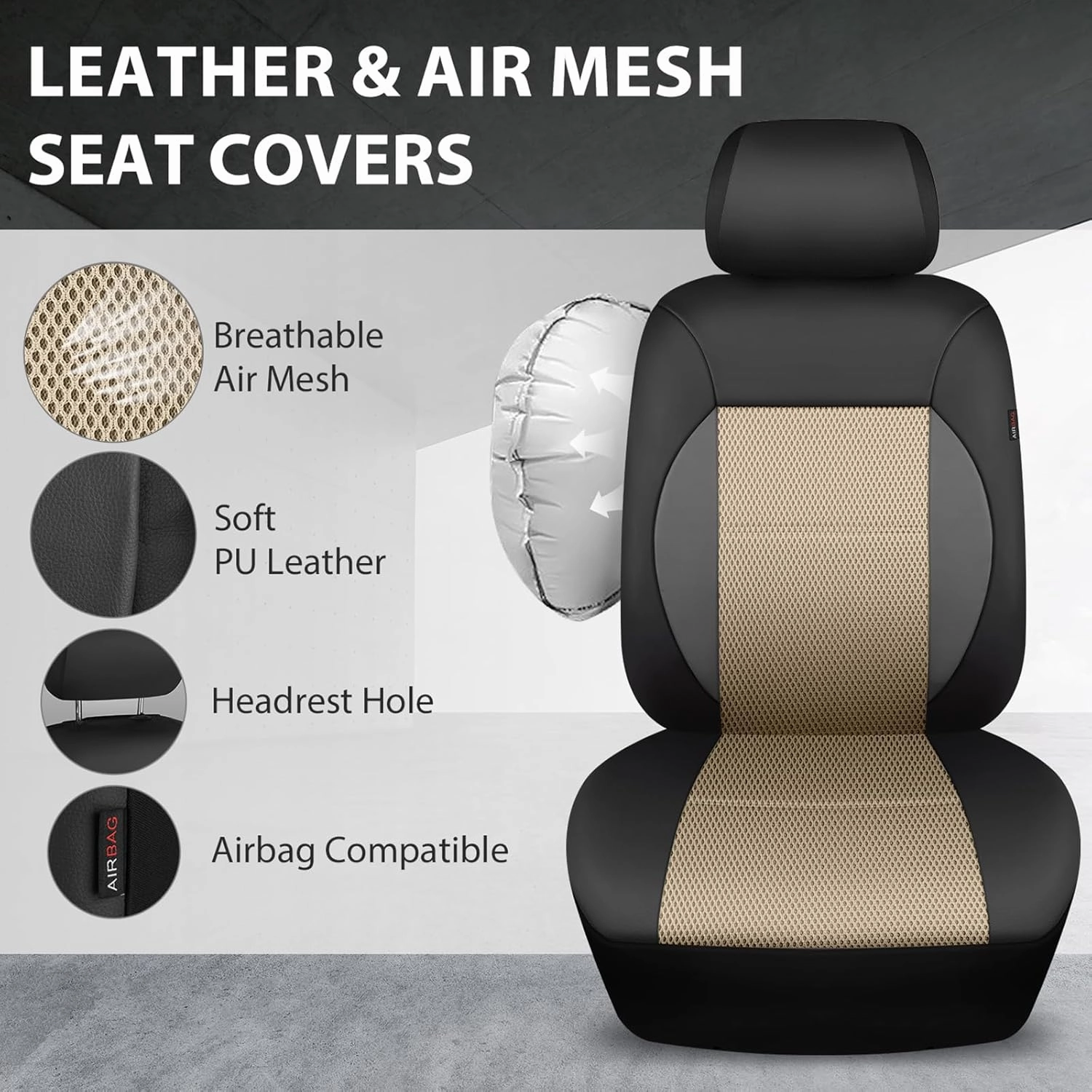 CAR PASS Leather Seat Covers Breathable Air Mesh Car Seat Cover Full Set Super 5mm Sponge Inside, Airbag Compatible, Universal Automotive Interior Cover Fit for Car SUV Truck Van Black Beige