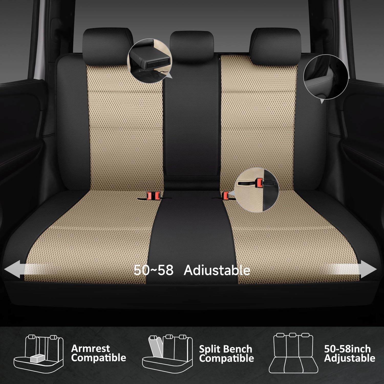 CAR PASS Leather Seat Covers Breathable Air Mesh Car Seat Cover Full Set Super 5mm Sponge Inside, Airbag Compatible, Universal Automotive Interior Cover Fit for Car SUV Truck Van Black Beige