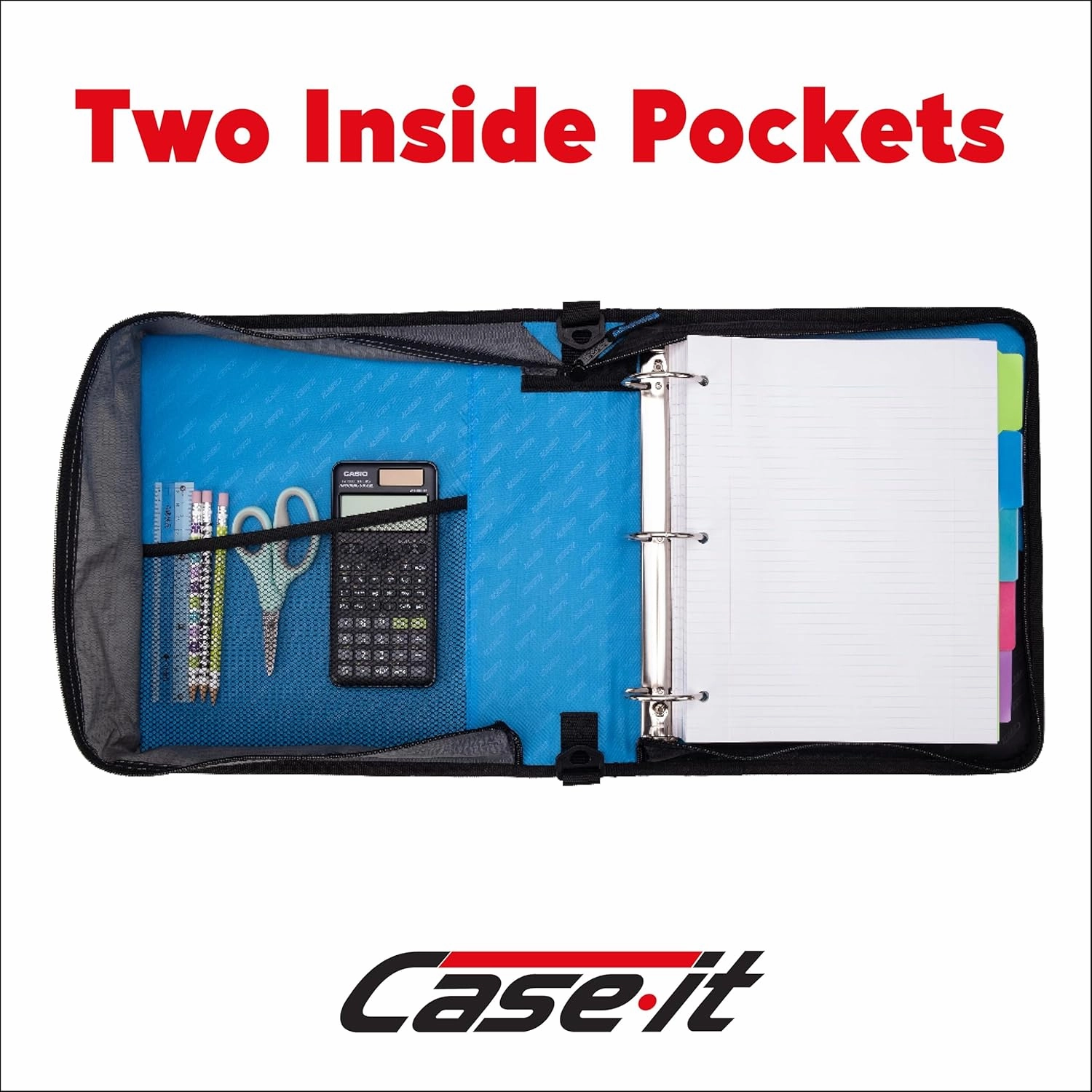 Case-it Classic Zipper Binder, 2" O-Ring with mesh Pockets and Shoulder Strap and Handle, 350 Page Capacity, D-251 Denim Blue
