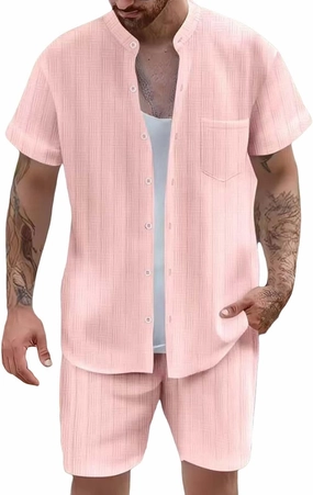 Casual Set for Mens 2 Piece Jacquard Texture Stand Collar Button Down Short Sleeve Shirts Shorts Beach Hippie Clothes