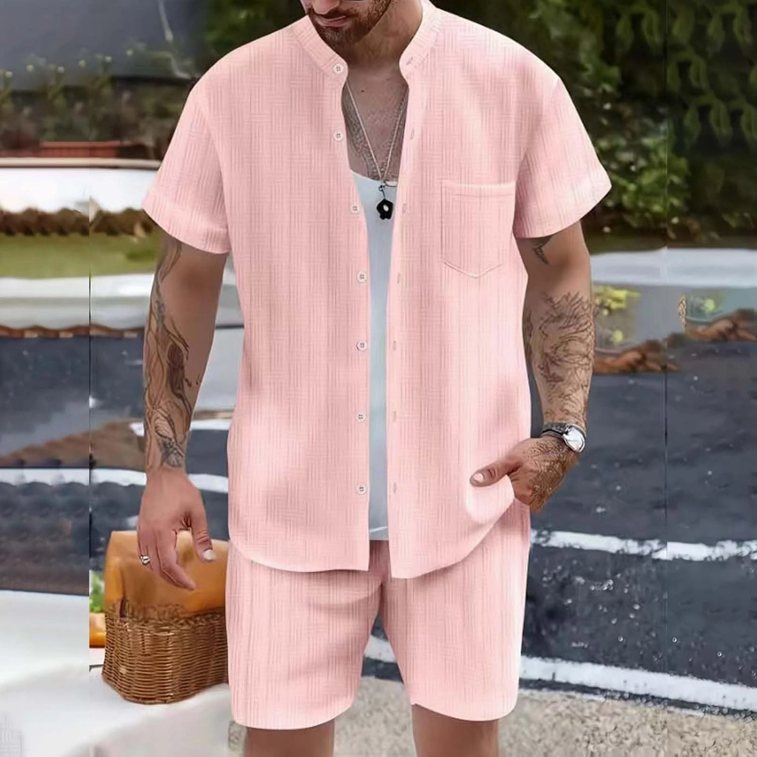 Casual Set for Mens 2 Piece Jacquard Texture Stand Collar Button Down Short Sleeve Shirts Shorts Beach Hippie Clothes