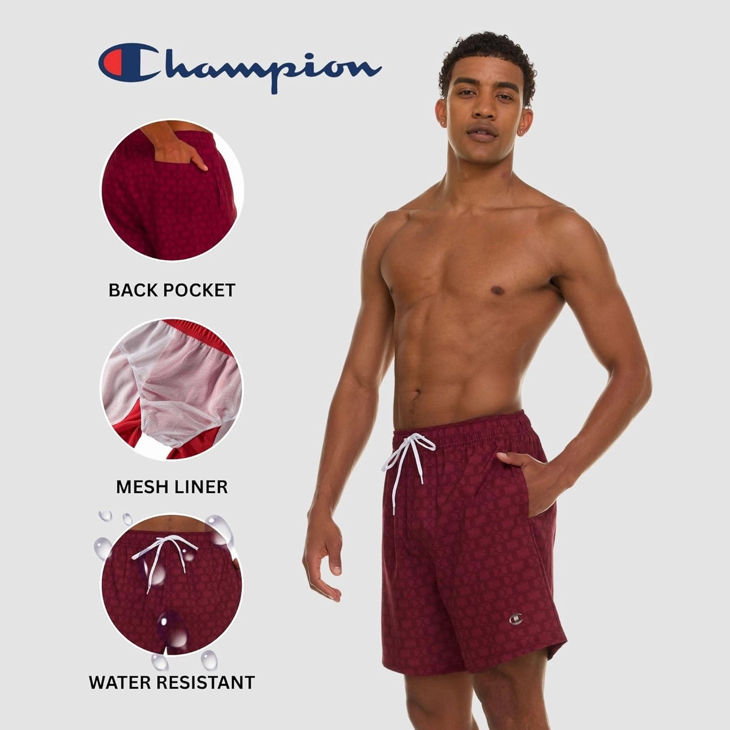 Champion Mens Swim Trunks with Mesh Liner, Quick Drying Mens Bathing Suit, Board Shorts for Swimming and Beach