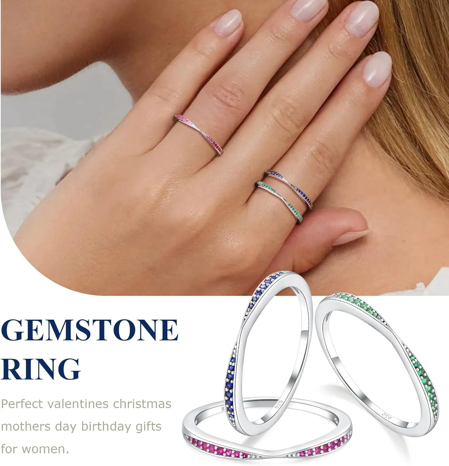 Channel Set Moissanite/Blue Sapphire/Emerald/Ruby Wedding Band 925 Sterling Silver 2mm Width Stackable Birthstone Rings for Lover Women Bow Ring, Size 6 to 10 (Send Gift Box)