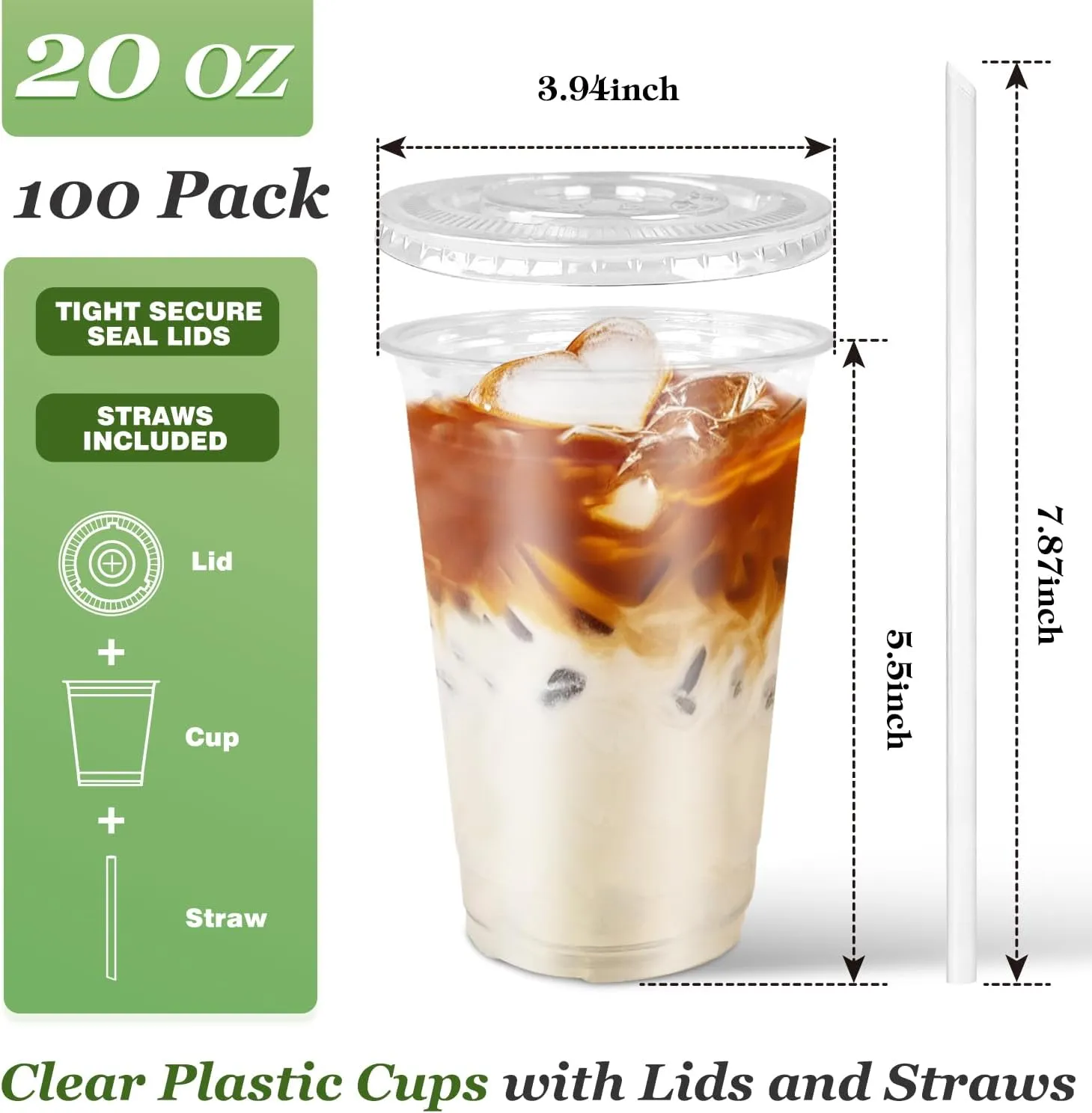 Charmount 100 Sets- 20 oz Clear Plastic Cups with Lids and Straws, Disposable To Go Cups for Cold Drinks, Iced Coffee, Milkshakes, Smoothies