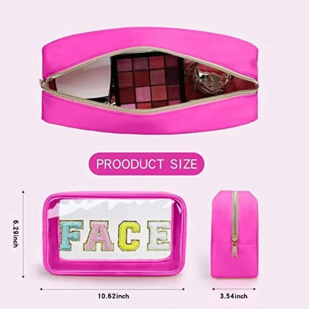 Chenille Letters Makeup Bag - Clear Glitter Preppy Patch Stuff Cosmetic Bag for Travel, Beach - Magenta (10.62*6.29*3.54 inch)